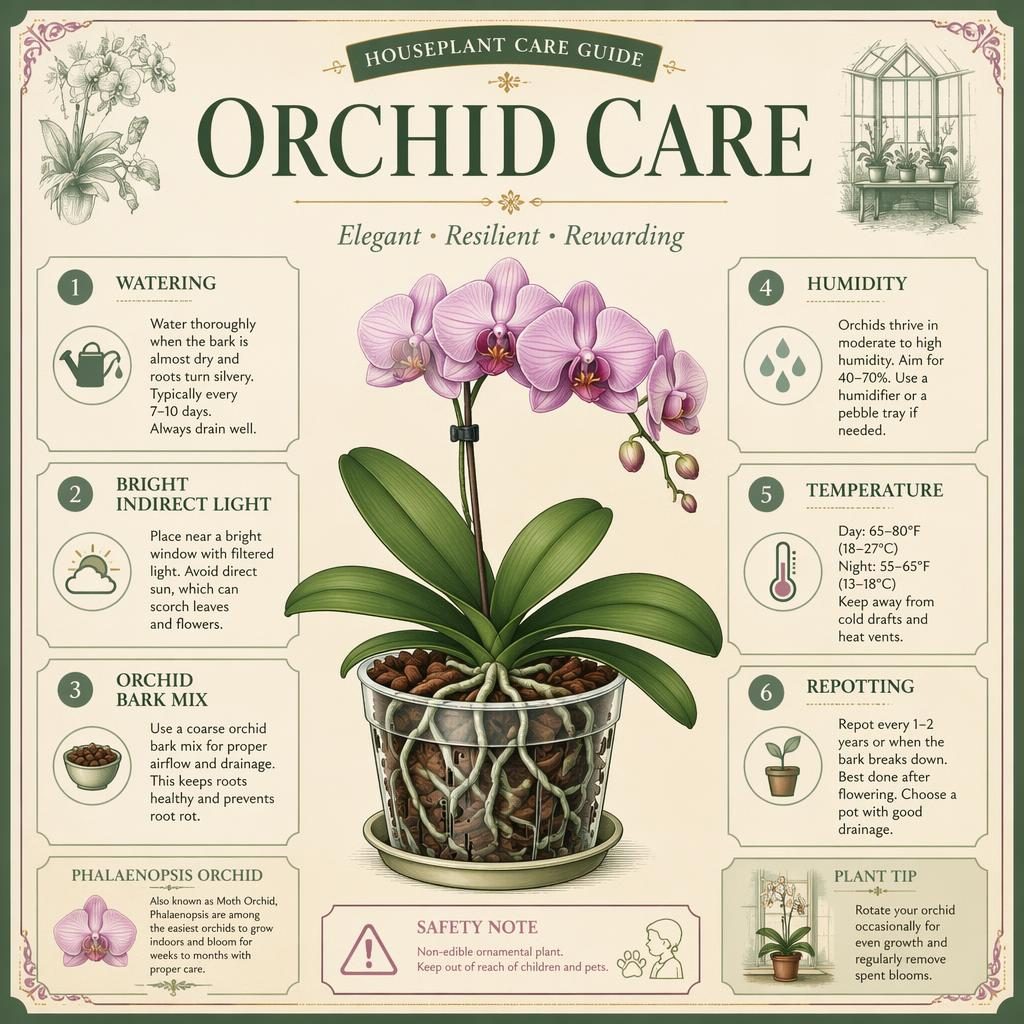 Editorial orchid care infographic with potted indoor orchid, labeled roots, leaves, flower spike, bark mix, and care icons.