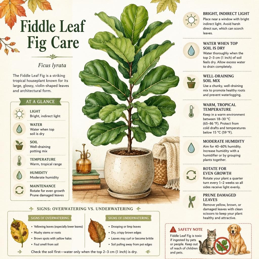 Watercolor Fiddle Leaf Fig care infographic with labeled callouts, care icons, indoor pot, and pet toxicity warning