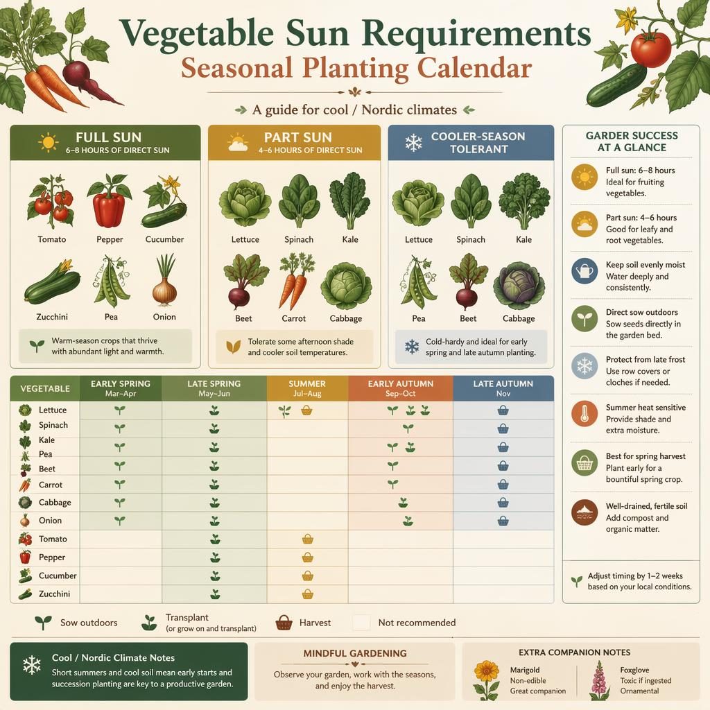 Minimal flat gardening infographic with vegetables grouped by full sun, part sun, and cool-season planting across seasons.