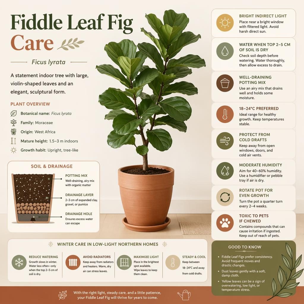 Minimal terracotta plant care infographic showing a potted fiddle leaf fig with icons for light, water, soil, temperature, humidity, repotting, and toxicity.