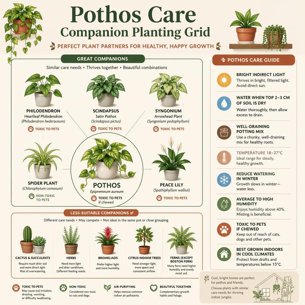 Infographie minimaliste en tons terre cuite montrant un pothos central et une grille de plantes compagnes d’intérieur.