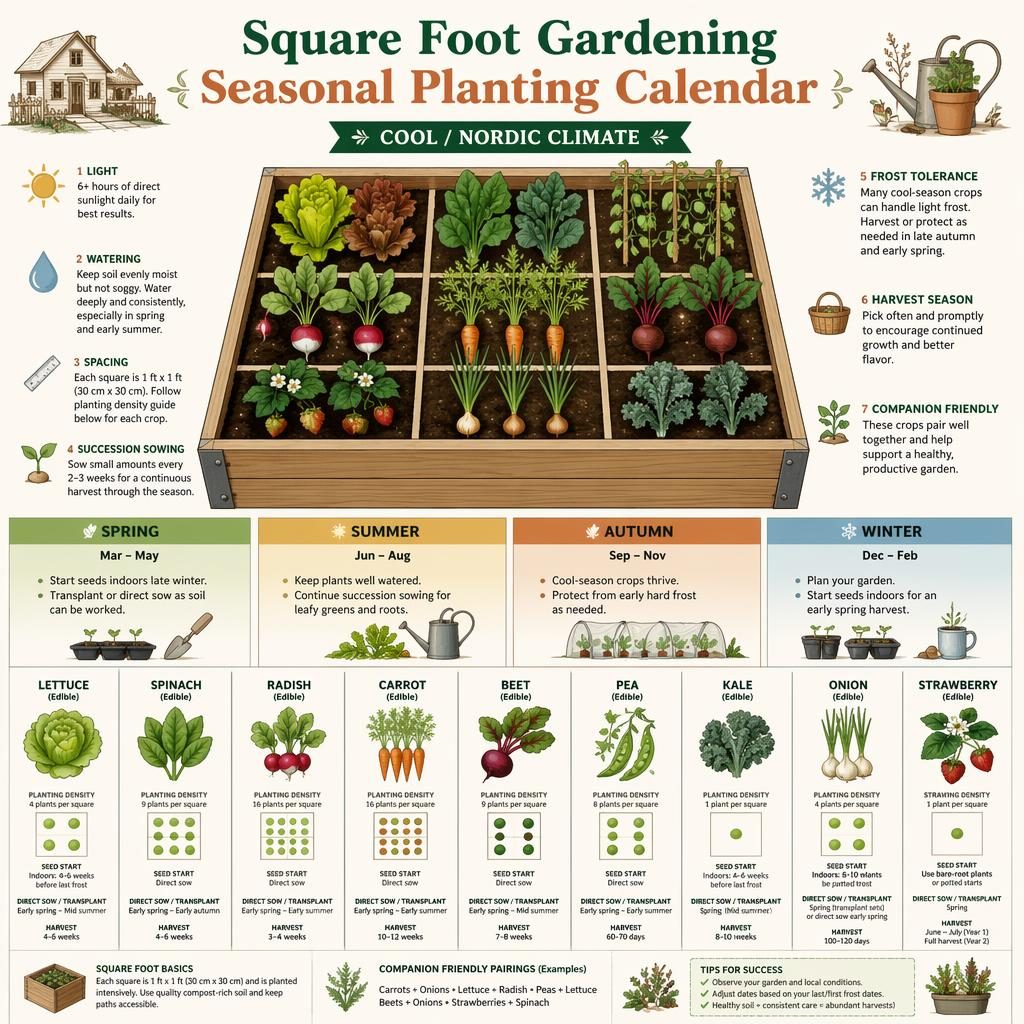 Minimal flat infographic of a raised square foot garden bed with seasonal calendar and cool-climate edible crops.