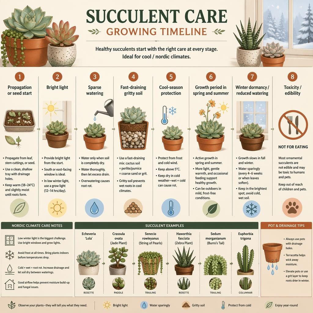 Minimal terracotta succulent care timeline infographic with propagation, bright light, sparse watering, gritty soil, dormancy tips.