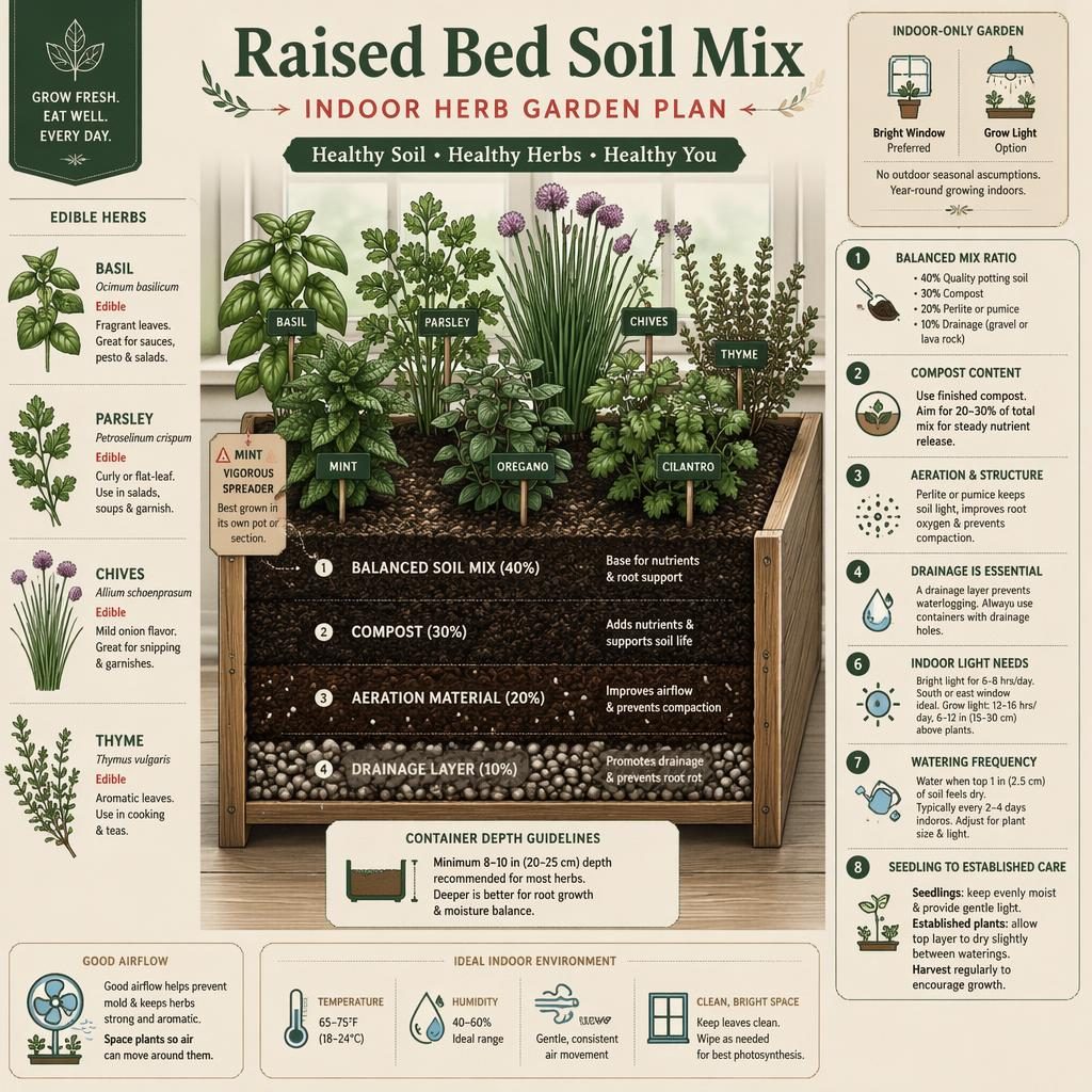 Editorial infographic of a cutaway raised bed soil mix for indoor herbs with labeled basil, parsley, chives, thyme, mint, oregano, and cilantro.
