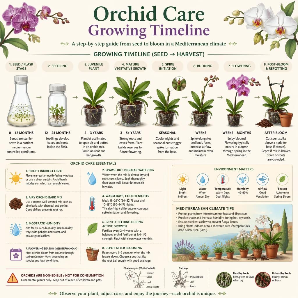Botanical infographic showing an orchid care timeline from flask to post-bloom repotting with labeled care icons and notes.