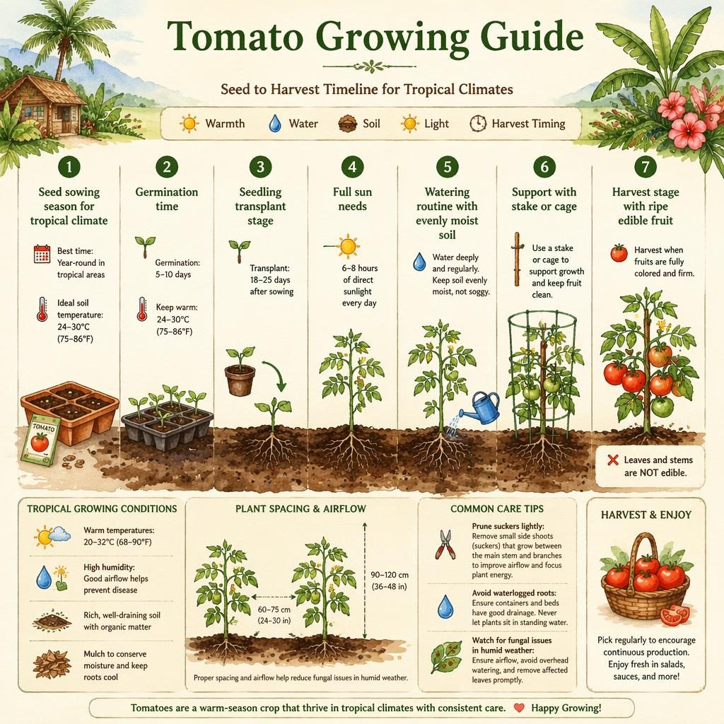 Infographie jardinage aquarelle sur la tomate avec frise semis à récolte, 7 repères, icônes soleil, eau, sol, chaleur.