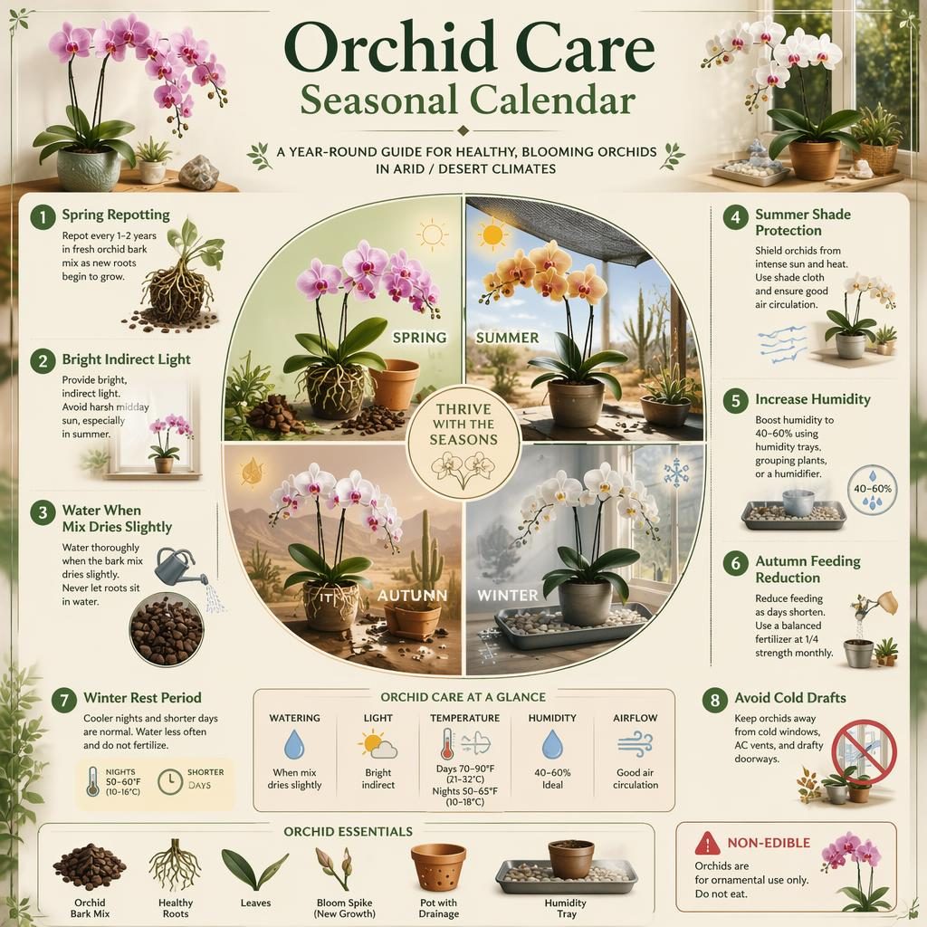 Infografía botánica con calendario de cosecha estacional para orquídeas, ilustraciones realistas, maceta, raíces y notas en inglés.