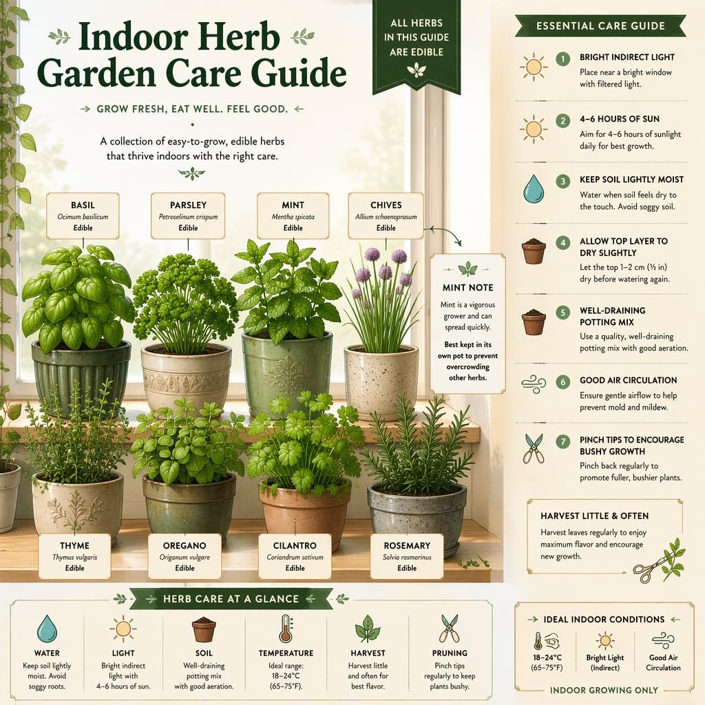 Indoor herb garden care infographic with basil, parsley, mint, chives, thyme, oregano, cilantro, and rosemary