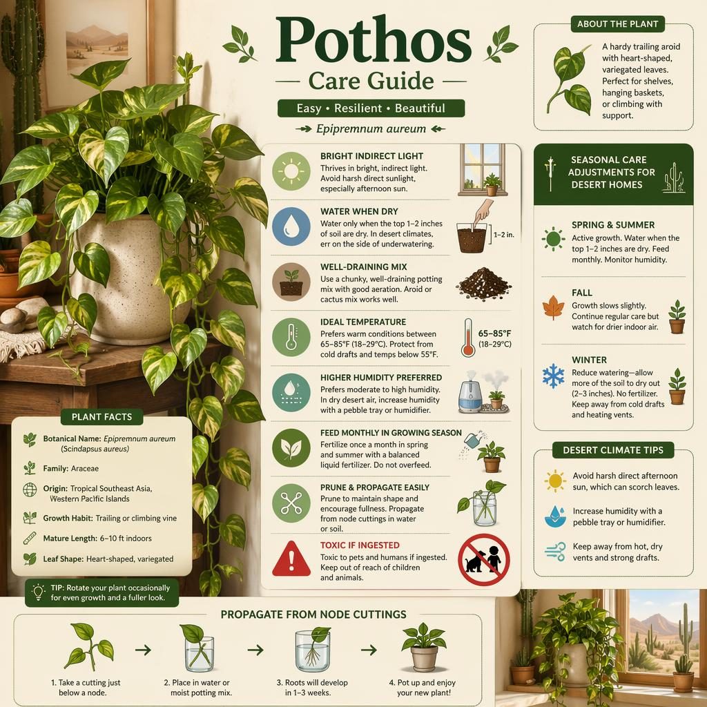 Botanical infographic of a potted pothos with care icons, labeled tips, toxicity warning, and desert home adjustments.