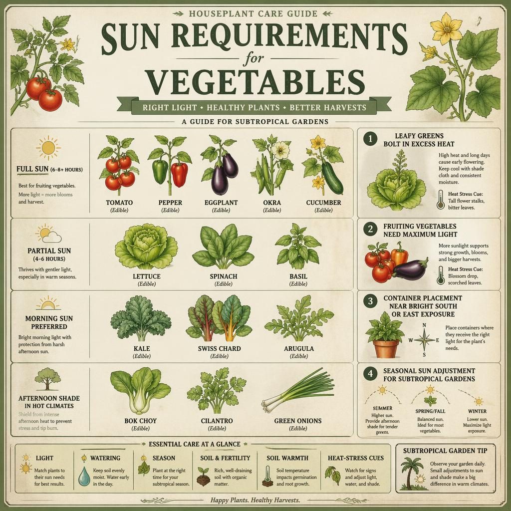 Vintage seed packet style vegetable sun requirements infographic with tomato, pepper, eggplant, cucumber, lettuce, spinach, basil, and okra.