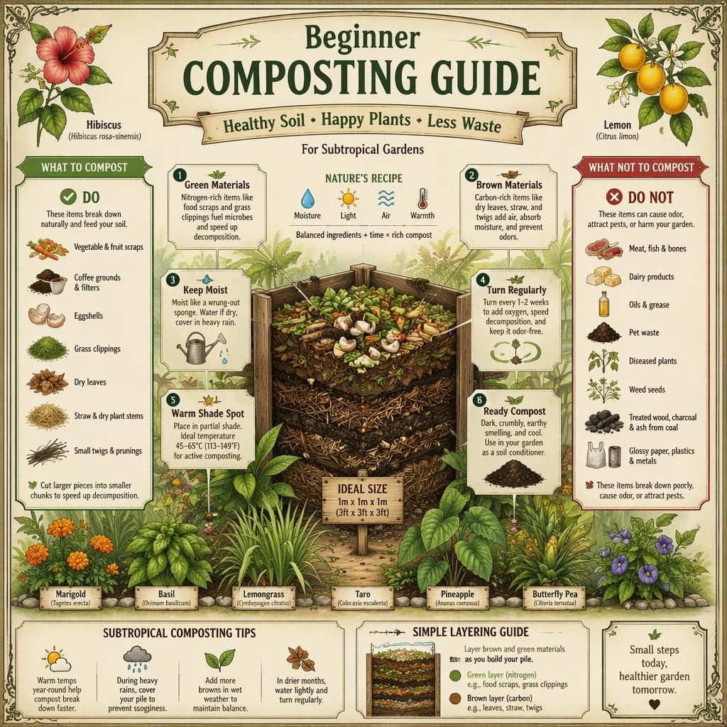 Vintage-style beginner composting infographic with labeled compost bin, do and do not sections, and botanical garden details.