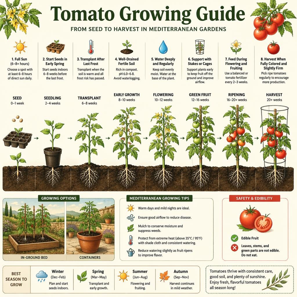 Botanical infographic showing a tomato growing timeline from seed to harvest with care callouts, icons, stakes, cages, and ripe fruit.