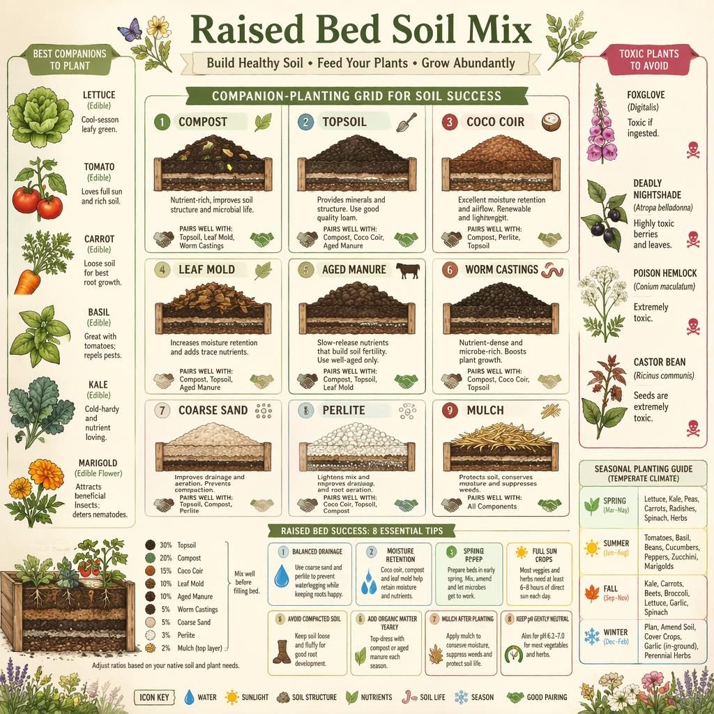 Sketchnote infographic of raised bed soil mix grid with compost, topsoil, coco coir, crops, and care icons.