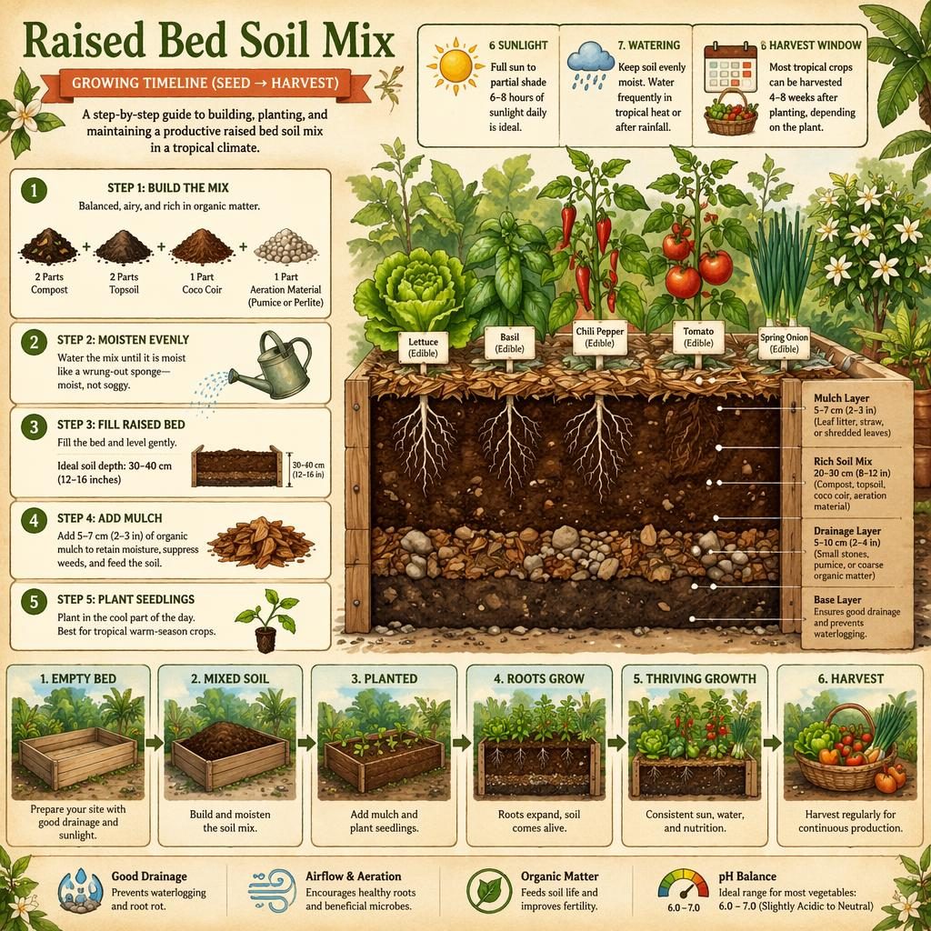 Watercolor infographic of a tropical raised bed soil mix timeline with soil layers, edible plants, callouts, and jasmine bush.