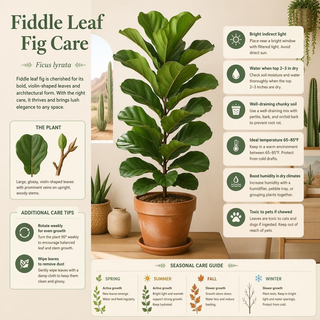 Botanical fiddle leaf fig care infographic with green icons, terracotta pot, and desert indoor care tips in English.