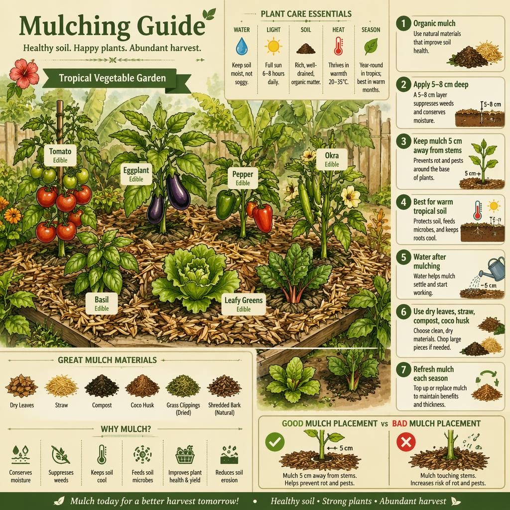 Infographie botanique aquarelle montrant un potager tropical comestible avec exemples de paillage autour de tomate, gombo et basilic.