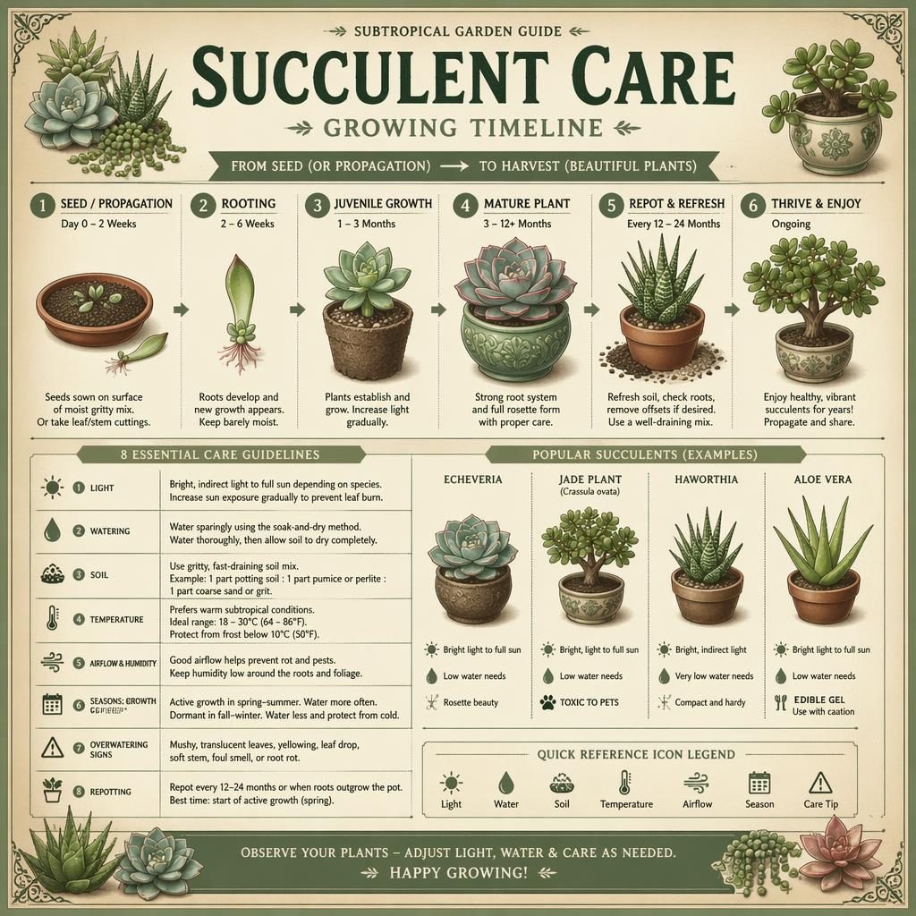 Vintage seed packet style succulent care timeline infographic with echeveria, jade, haworthia, aloe, labels and care icons.