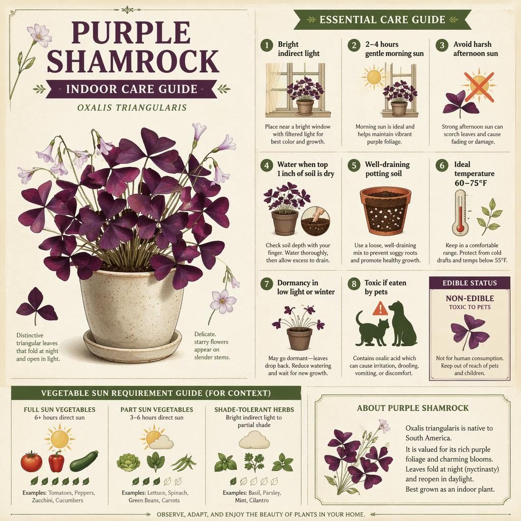 Infographic of purple shamrock indoor care with light, water, soil, temperature, dormancy, and pet toxicity panels.
