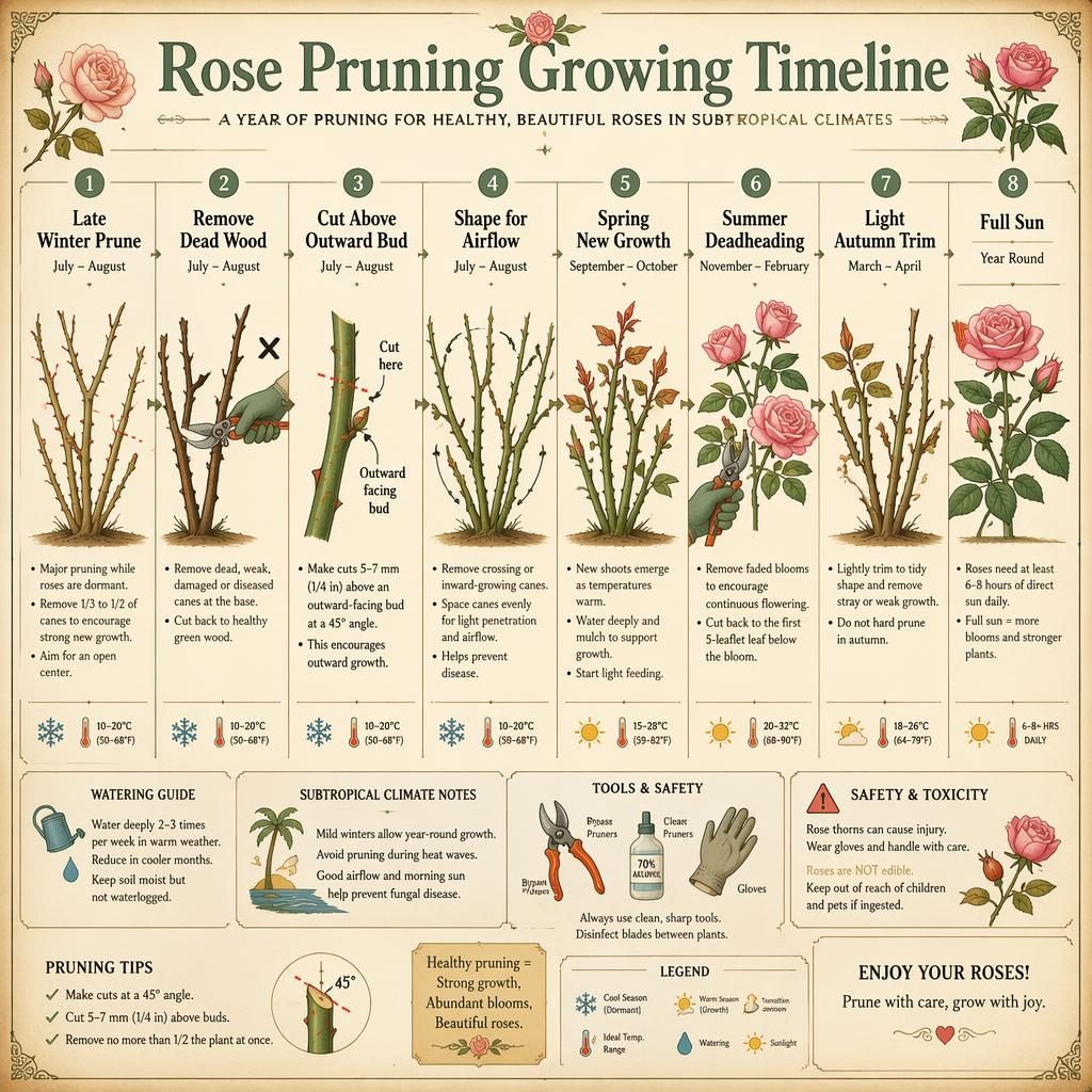 Vintage botanical infographic showing a rose pruning growing timeline with labeled stages, pruning cuts, tools, sun, water, and seasonal care.
