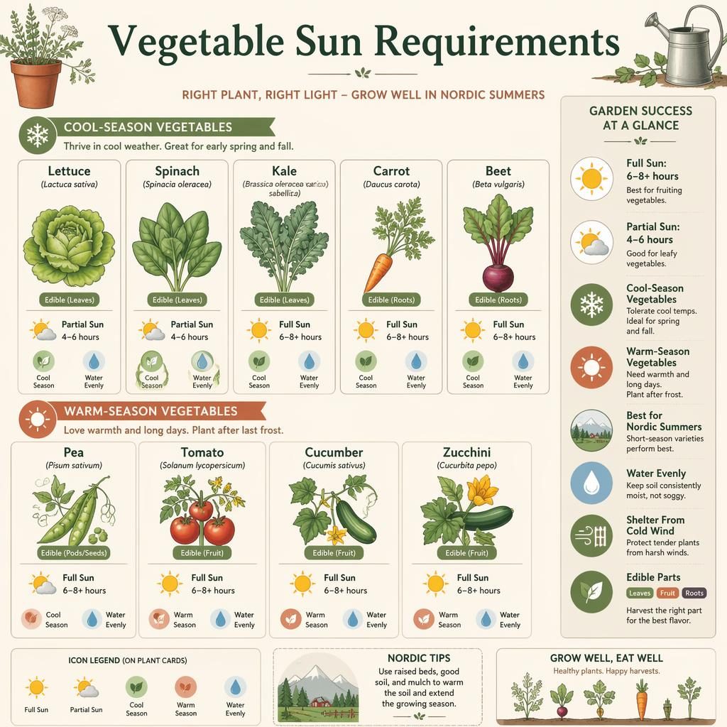 Flat gardening infographic comparing vegetable sun needs with illustrated cards, icons, and Nordic-style plant art.