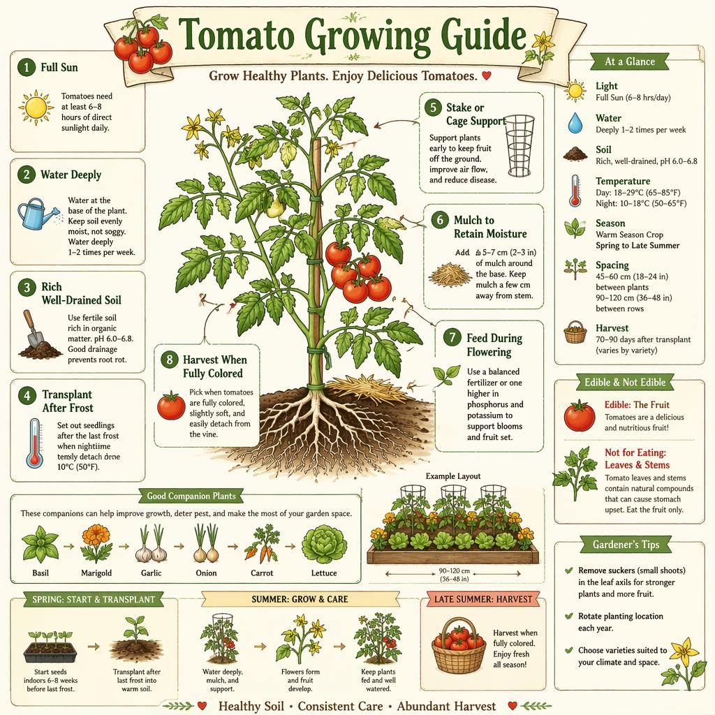 Botanical tomato care infographic with labeled callouts, icons, garden bed layout, and spring-to-harvest growth stages.