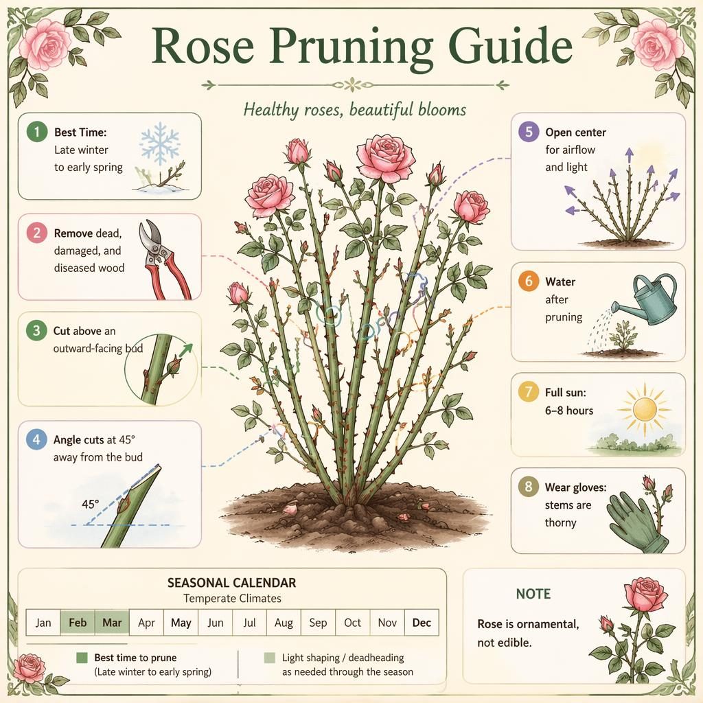 Infografika Rose Pruning Guide s ilustrací růžového keře, schématy řezu, sezónními ikonami a mini kalendářem.