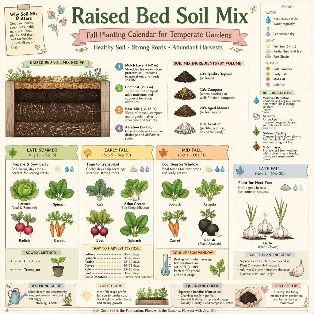 Pastel gardening infographic showing a raised bed soil mix and fall crop planting schedule with seasonal panels and crop labels.
