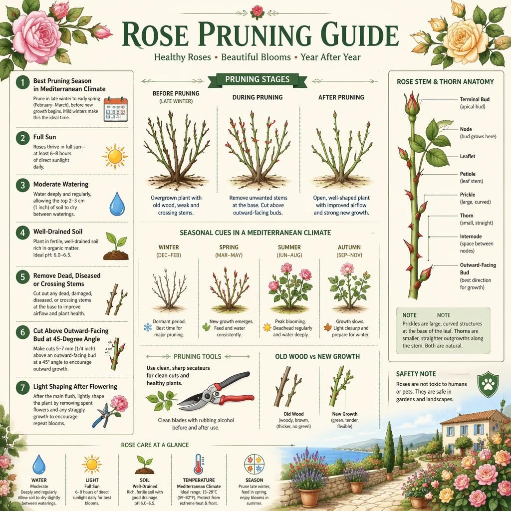 Botanical rose pruning infographic with 7 English callouts, pruning stages, secateurs, buds, stem labels, and care icons