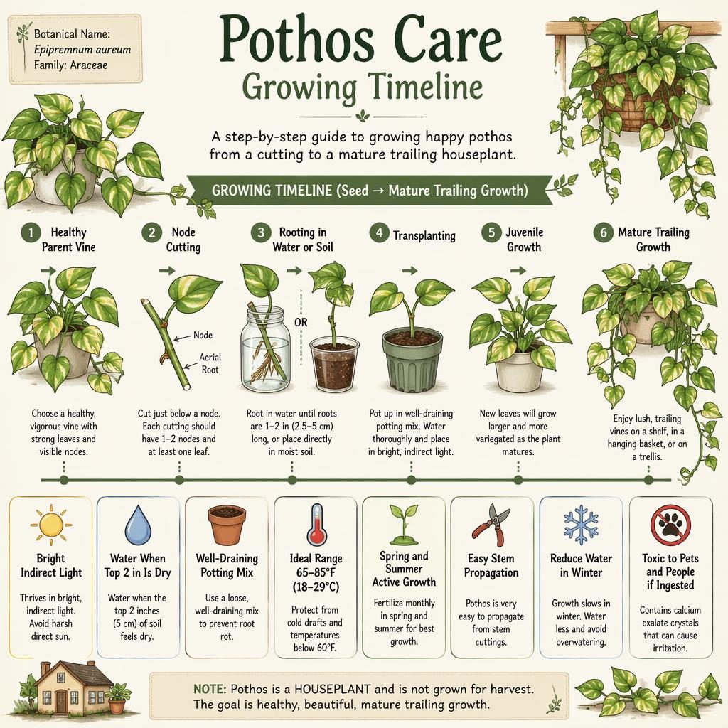 Botanická infografika ukazuje časovou osu množení a růstu pothosu od mateční liány po dospělou převislou rostlinu.