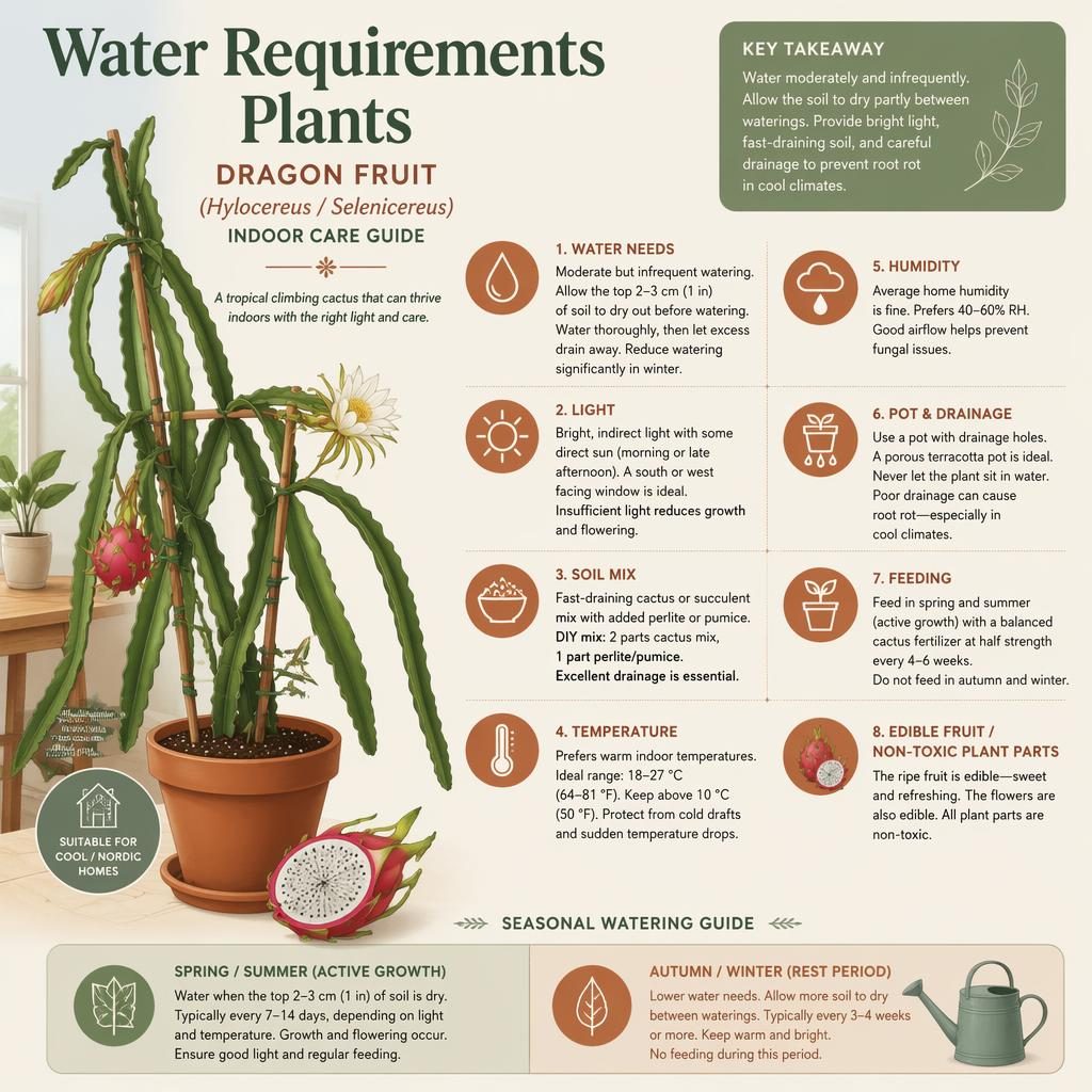 Minimal terracotta plant care infographic showing indoor dragon fruit plant water, light, soil, temperature, and drainage.