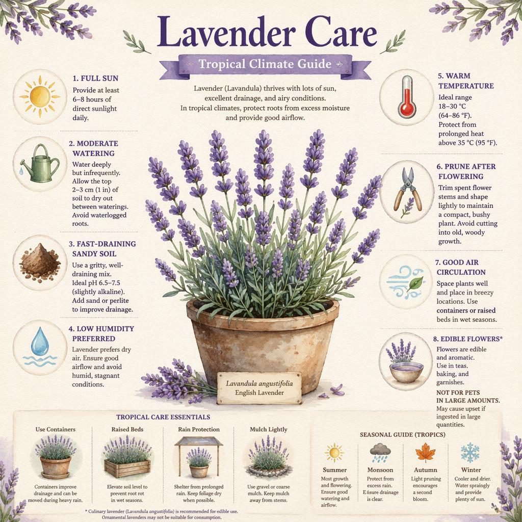 Watercolor lavender care infographic with labeled icons for sun, water, soil, temperature, pruning, and tropical growing tips.