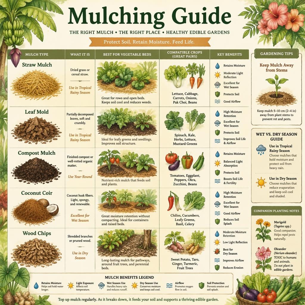 Watercolor gardening infographic grid comparing straw, leaf mold, compost, coir, and wood chips for tropical edible beds.