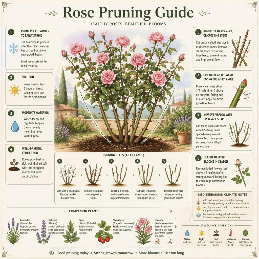 Botanical rose pruning infographic with labeled cuts, seasonal care cues, icons for sun, water, soil, temperature.
