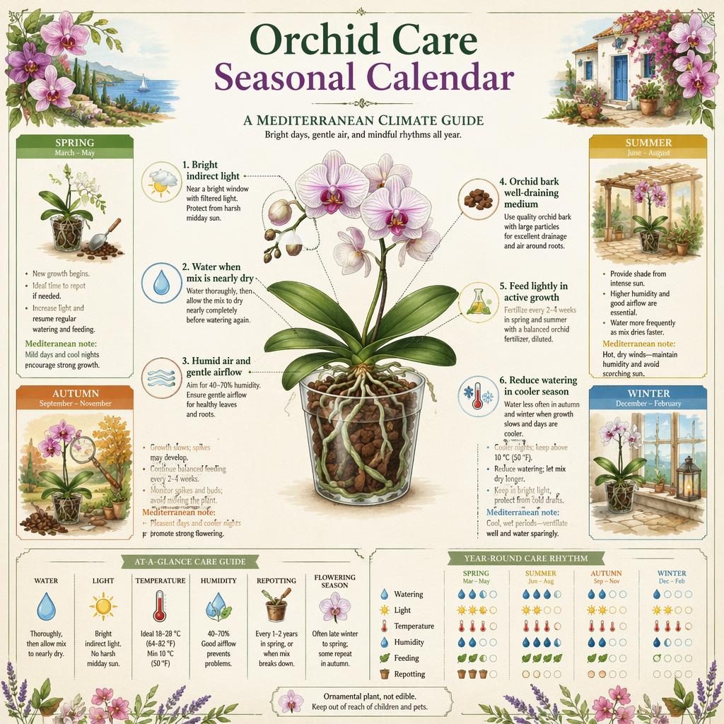 Botanical orchid care infographic with seasonal calendar, central orchid diagram, 6 care callouts, and Mediterranean icons