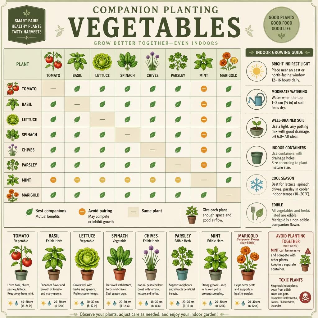 Gardening infographic grid of indoor companion planting vegetables and herbs with labels, icons, spacing cues, and seed-packet colors.