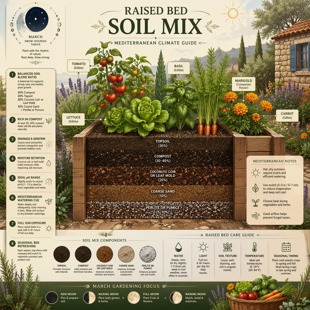 Infographie botanique d’un bac surélevé en coupe avec couches de terreau, compost, sable, perlite et plantes potagères.