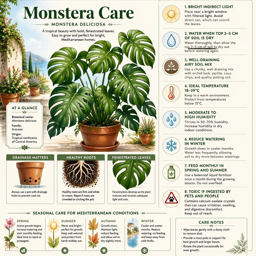 Botanical Monstera Care infographic with labeled icons for light, watering, soil, temperature, humidity, feeding, and toxicity.