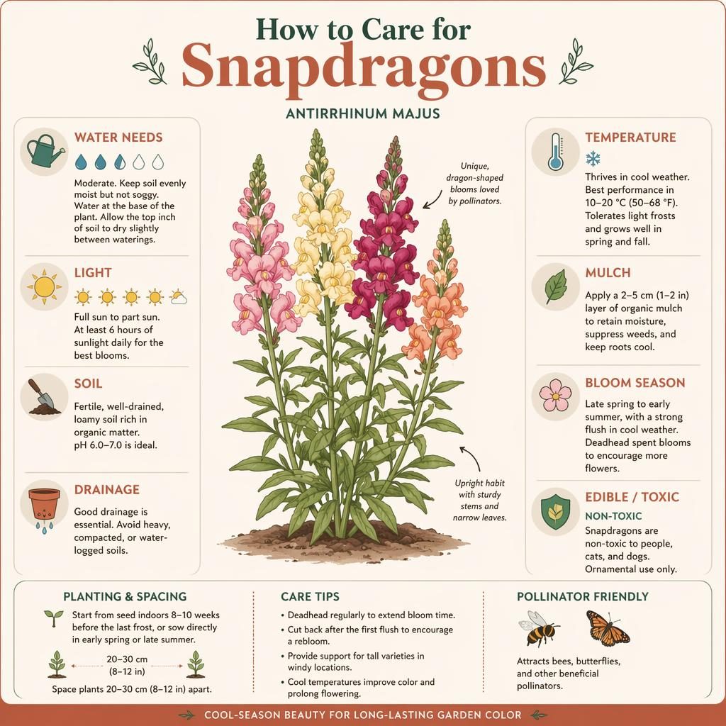Minimal flat infographic showing snapdragon care tips with labeled icons for water, light, soil, temperature, mulch and bloom.