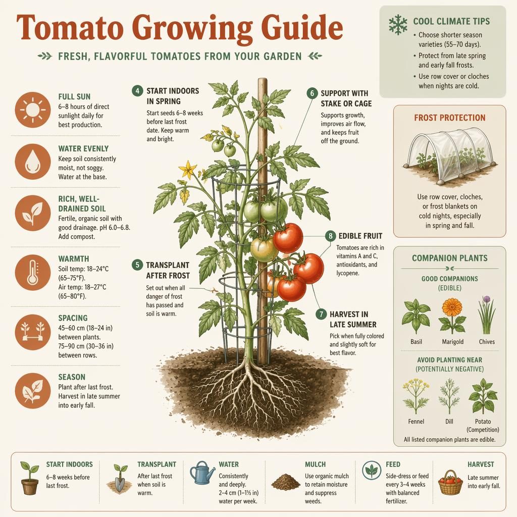 Minimal flat tomato growing guide infographic with labeled plant, roots, flowers, fruit, care icons, and cool-climate tips.