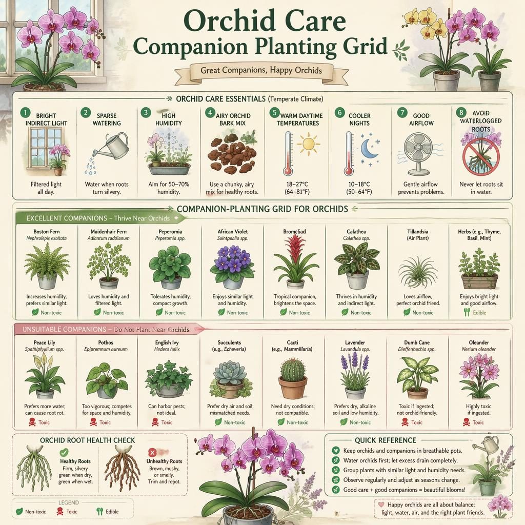 Infografik im Sketchnote-Stil mit Orchideen und Begleitpflanzen-Raster, englischen Labels und Pastell-Cottage-Palette.