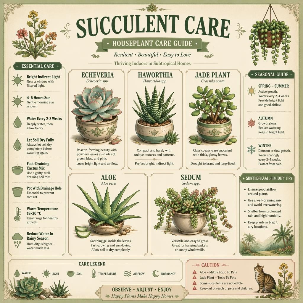 Vintage-style succulent care infographic with labeled panels for Echeveria, Haworthia, Jade, Aloe, and Sedum.