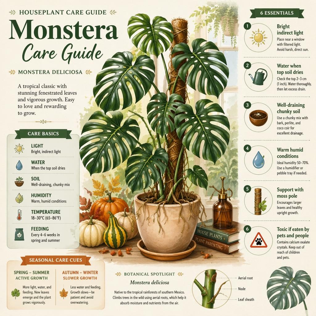 Botanical Monstera care infographic with watercolor texture, 6 callouts, care icons, and seasonal growth panel.