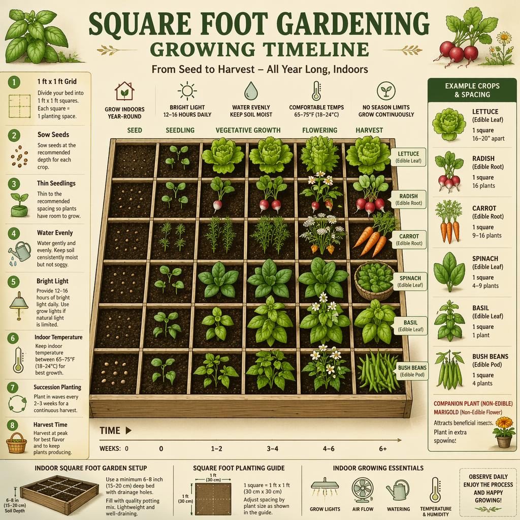 Indoor square foot gardening timeline infographic with raised-bed grid, edible crops, stage labels, and care callouts.