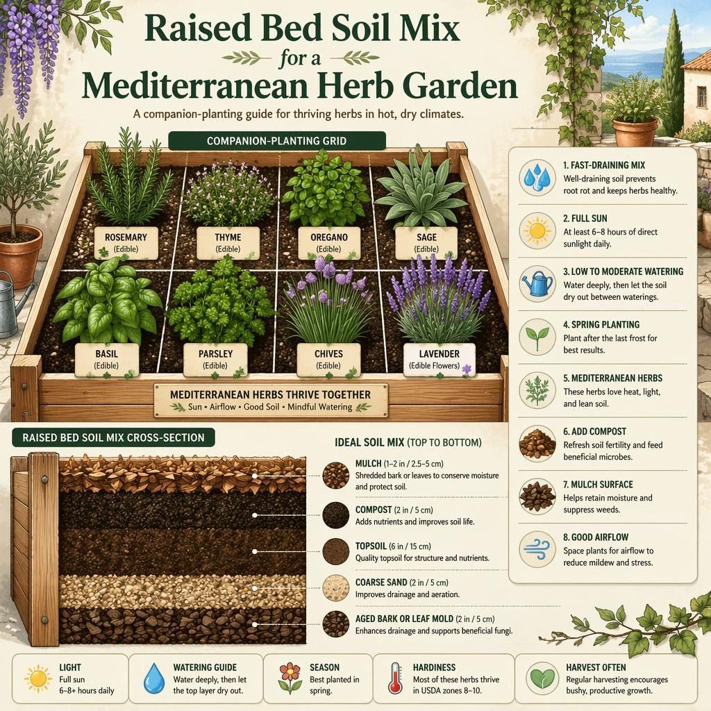Gardening infographic of a raised bed Mediterranean herb garden grid with soil mix cross-section, herb labels, and care callouts.