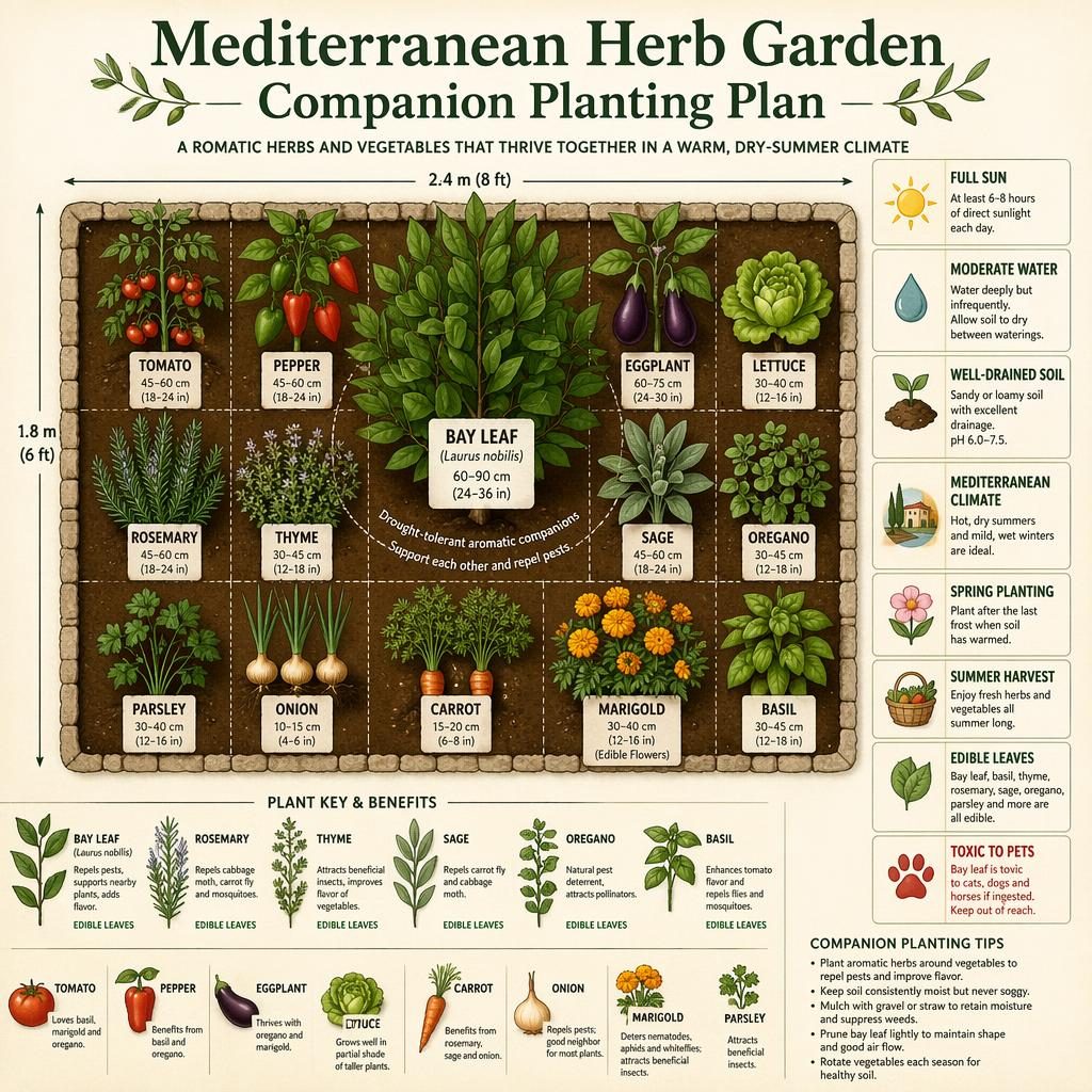 Botanical infographic grid showing bay leaf with Mediterranean herbs and vegetables, spacing, labels, icons, and care callouts.