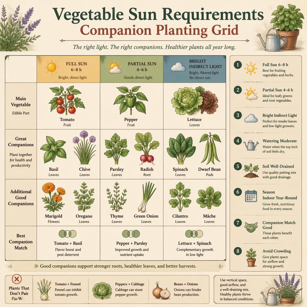 Gardening infographic grid of indoor vegetables and companion plants by full sun, partial sun, and bright indirect light.