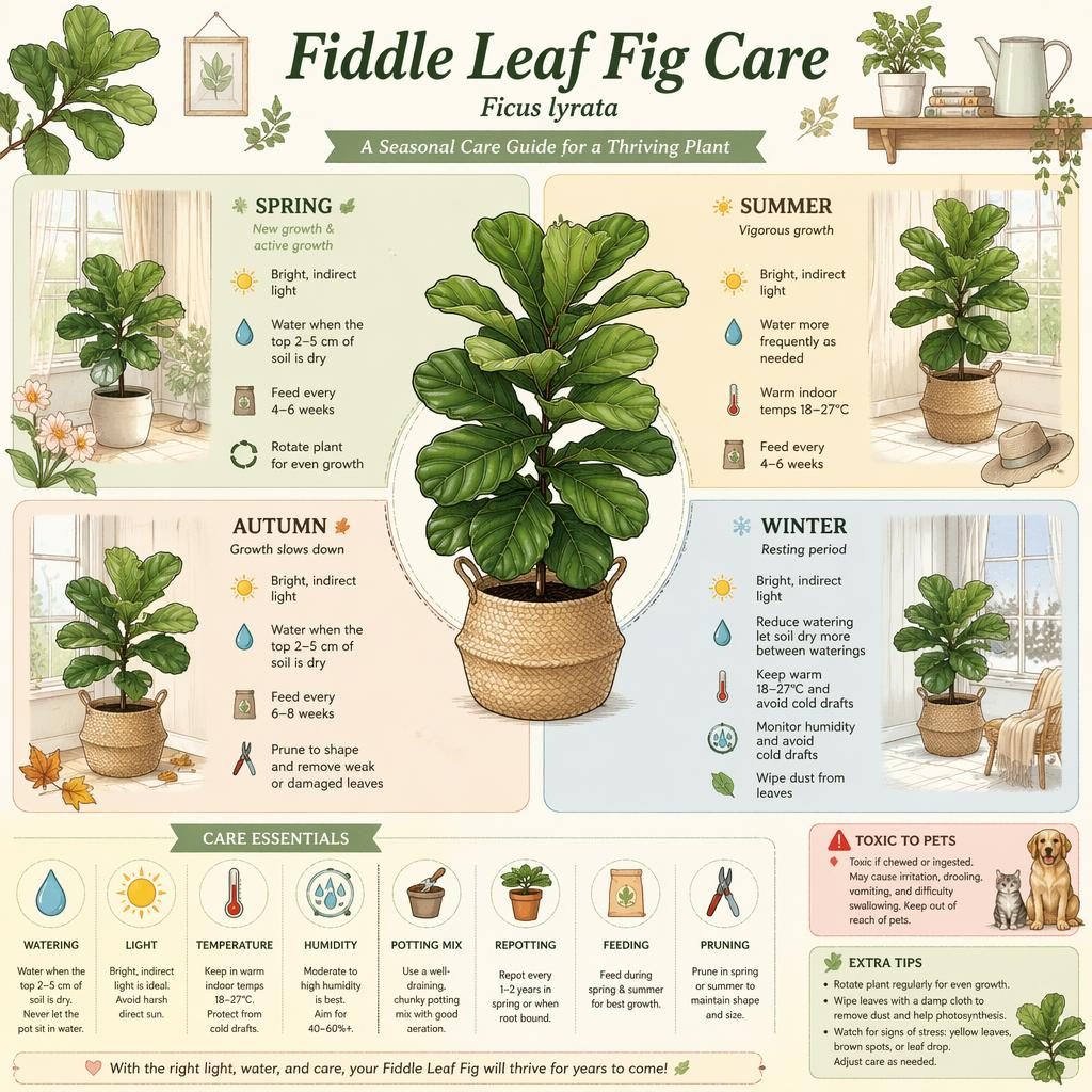 Sketchnote infographic of fiddle leaf fig care with spring, summer, autumn, and winter sections and pastel plant icons.