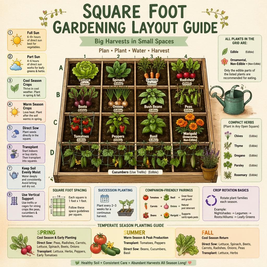 Pastel gardening infographic of a raised bed grid showing square foot vegetables, labels, seasonal cues, and companion notes.
