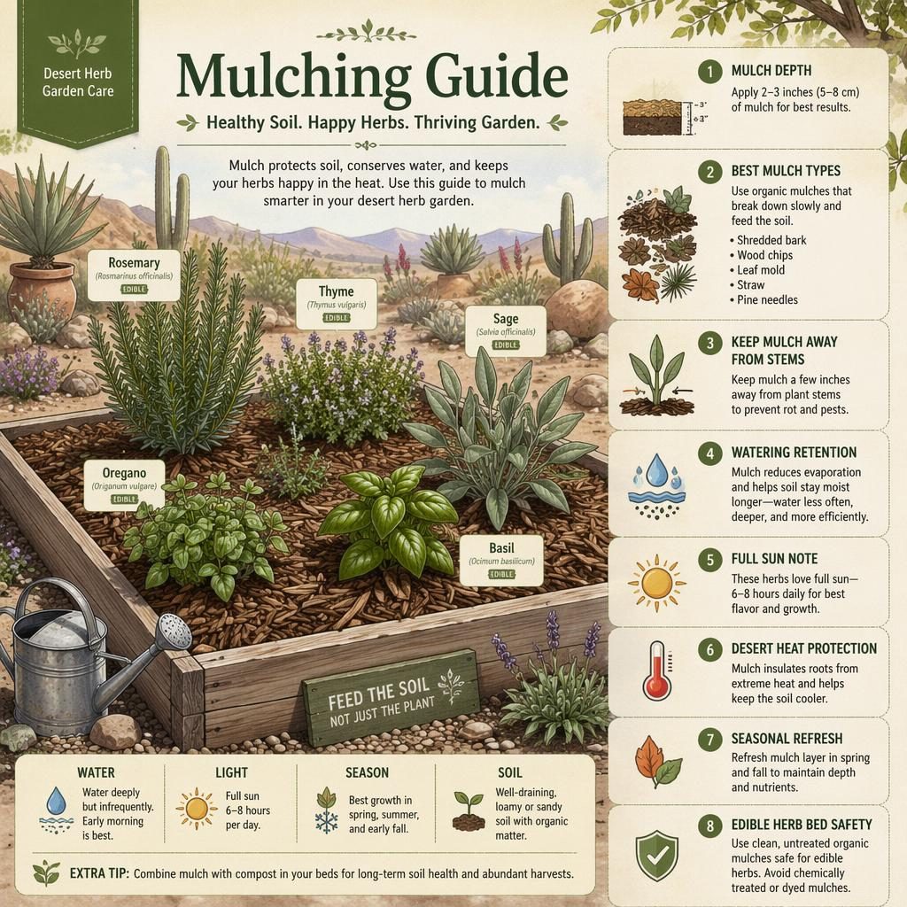Botanical gardening infographic showing a desert herb garden mulching guide with raised beds, edible herbs, icons, and labeled callouts.