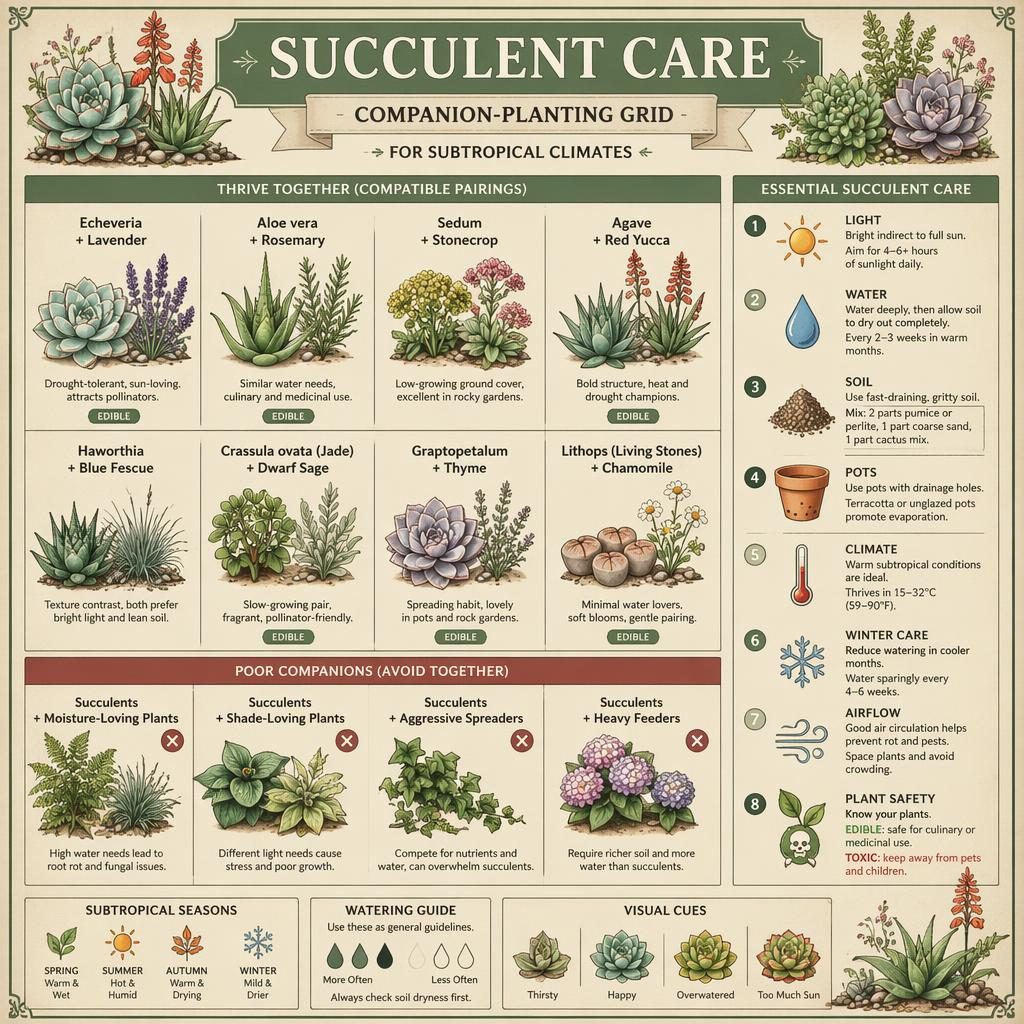 Vintage succulent care infographic grid with companion plants, labeled light, water, soil, drainage, winter, airflow cues